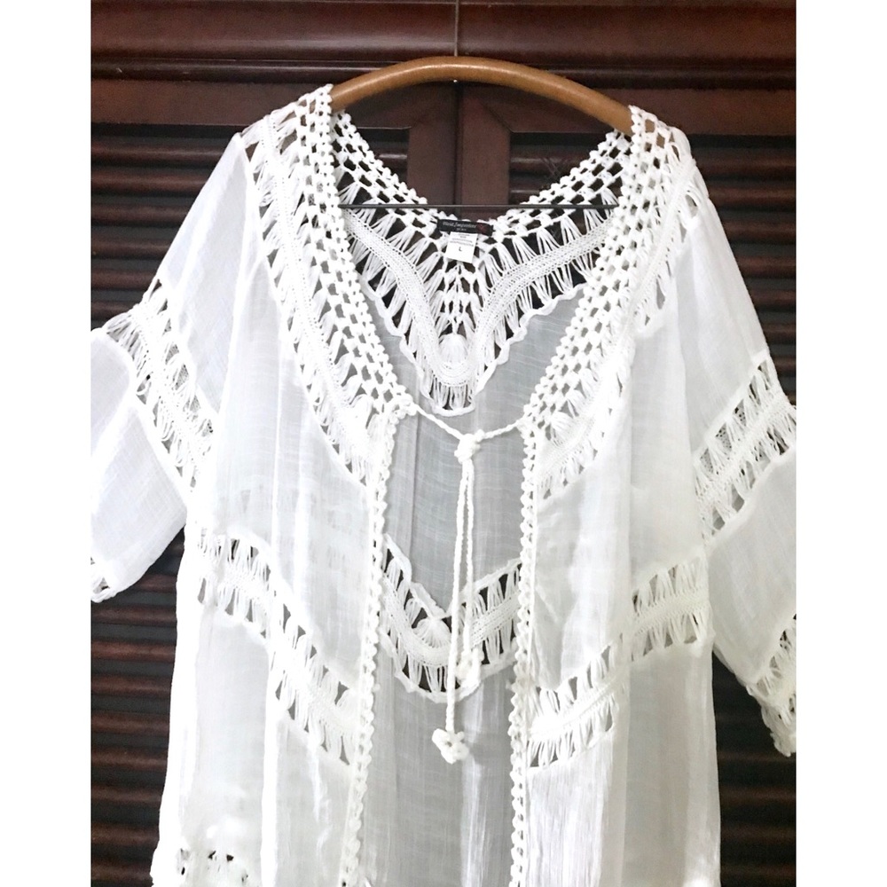 Festival BOHO White Duster Crochet Cover-Up CAFTAN - Picture 2 of 4